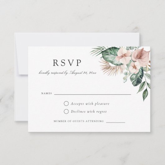 Tropical Palm Greenery Bloral Blush Wedding RSVP Einladung (Vorderseite)