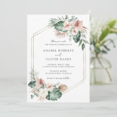 Tropical Palm Greenery Blush Geometric Wedding Einladung (Stehend Vorderseite)