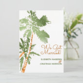 Tropical Palm Just Married Beach Hochzeitstag Empf Einladung (Stehend Vorderseite)