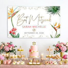 Tropical Palm Leaf Bat Mitzvah Gold Script Willkom Banner