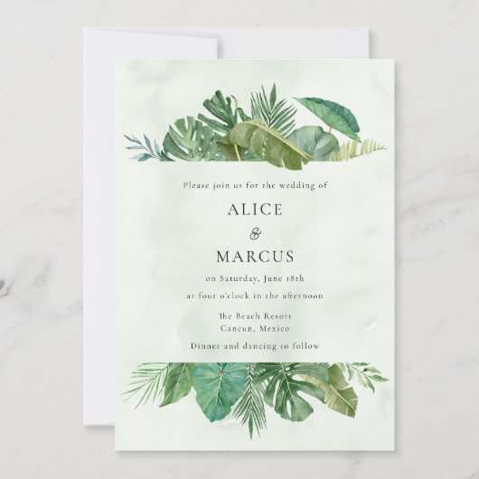 Tropical Palm Leaf Beach Hochzeit in Urlaubsort Einladung (Vorderseite)