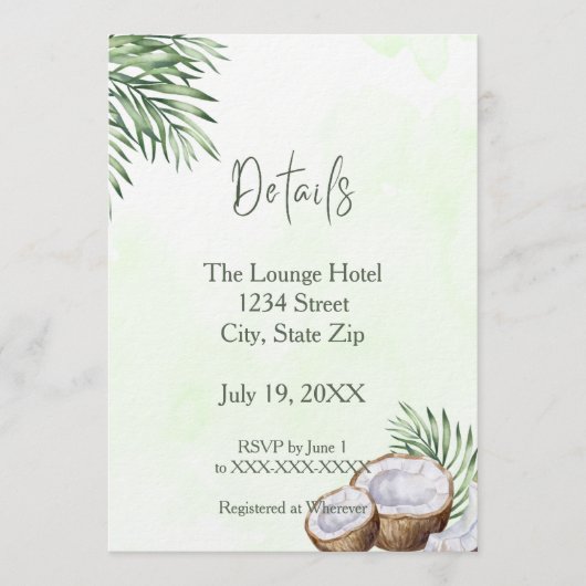 Tropical Palm Leaf & Coconut Details Card Einladung (Vorderseite)