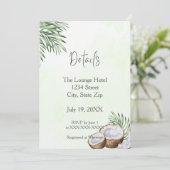 Tropical Palm Leaf & Coconut Details Card Einladung (Stehend Vorderseite)