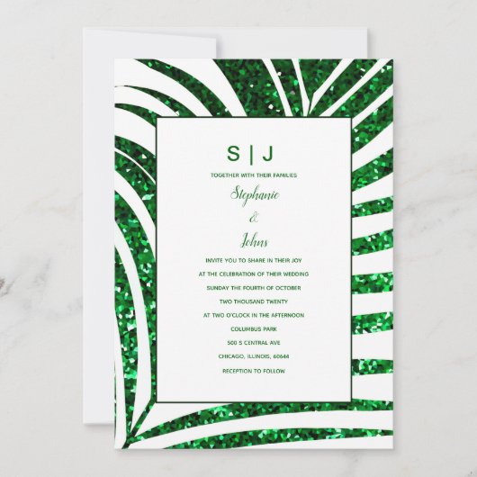 Tropical Palm Leaf Emerald Green Glitzer Wedding Einladung (Vorderseite)