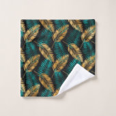 Tropical Palm Leaf Fronds Muster Schwarzes Aquamar Badhandtuch Set (Waschlappen)