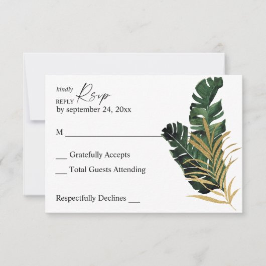 Tropical Palm Leaf Gold auf der RSVP Karte (Vorderseite)