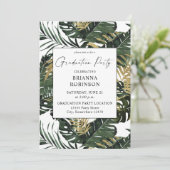 Tropical Palm Leaf & Gold Graduation Party Einladung (Stehend Vorderseite)