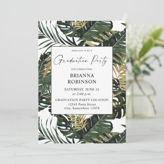 Tropical Palm Leaf & Gold Graduation Party Einladung (Stehend Vorderseite)