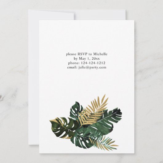 Tropical Palm Leaf & Gold Graduation Party Einladung (Rückseite)