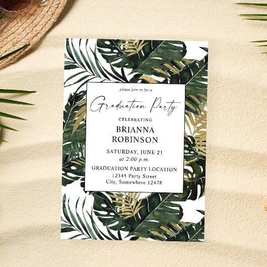 Tropical Palm Leaf & Gold Graduation Party Einladung