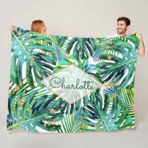 Tropical Palm Leaf Grünpflanzen Muster Gold Glitz Fleecedecke