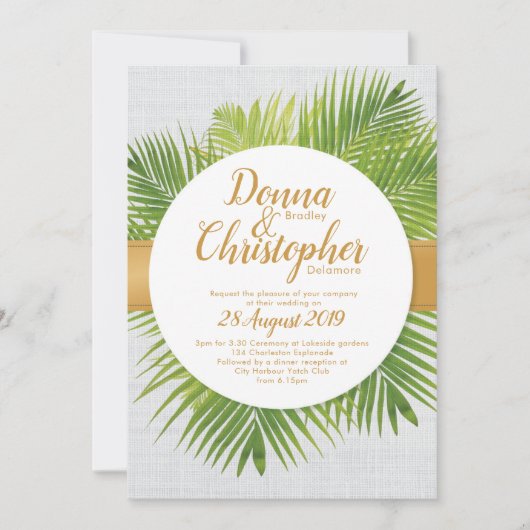 Tropical Palm Leaf Hochzeit Einladung (Vorderseite)