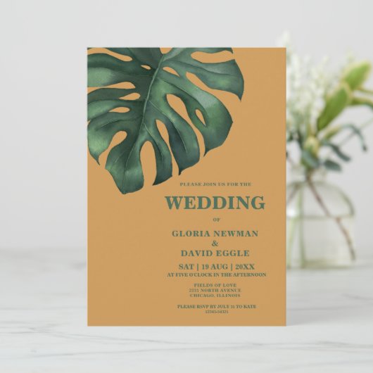 Tropical Palm Leaf Hochzeit Einladung (Stehend Vorderseite)
