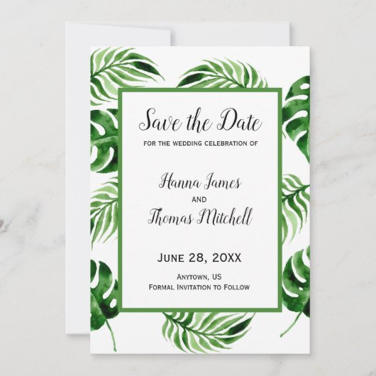 Tropical Palm Leaf Hochzeit in Urlaubsort Save The Date (Vorderseite)