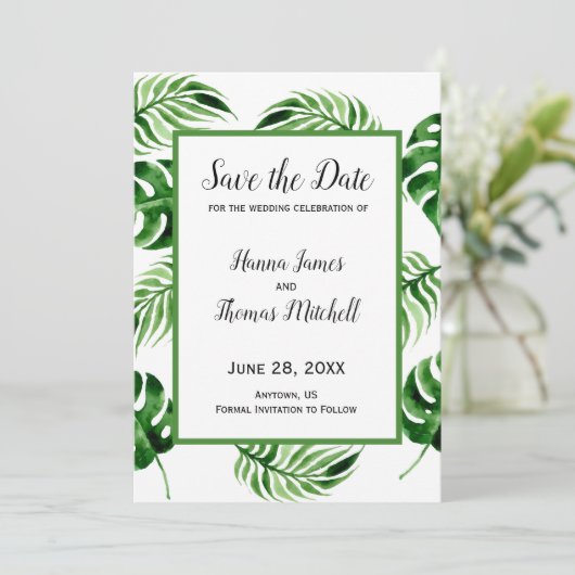 Tropical Palm Leaf Hochzeit in Urlaubsort Save The Date (Stehend Vorderseite)
