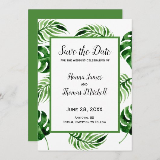 Tropical Palm Leaf Hochzeit in Urlaubsort Save The Date (Vorne/Hinten)