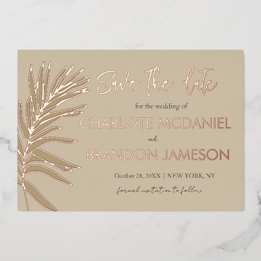 Tropical Palm Leaf Hochzeit speichern Sie das Datu Folieneinladung (Vorderseite)
