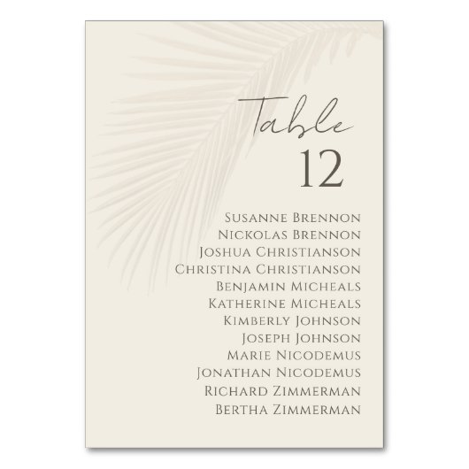 Tropical Palm Leaf Hochzeitsdiagramm Tischnummer (Vorderseite)