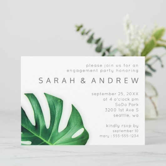 Tropical Palm Leaf Minimalistische Engagement Part Einladung (Stehend Vorderseite)