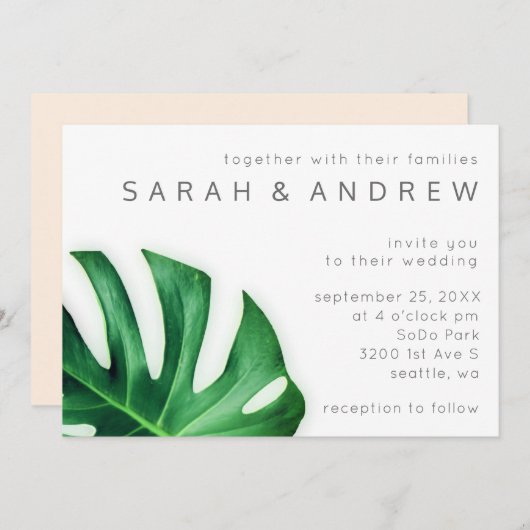 Tropical Palm Leaf Minimalistische Hochzeit Einlad Einladung (Vorne/Hinten)