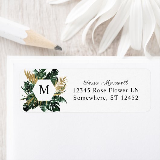 Tropical Palm Leaf Monogram Rücksendeadresse (Insitu)