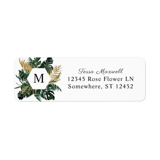 Tropical Palm Leaf Monogram Rücksendeadresse (Vorne)