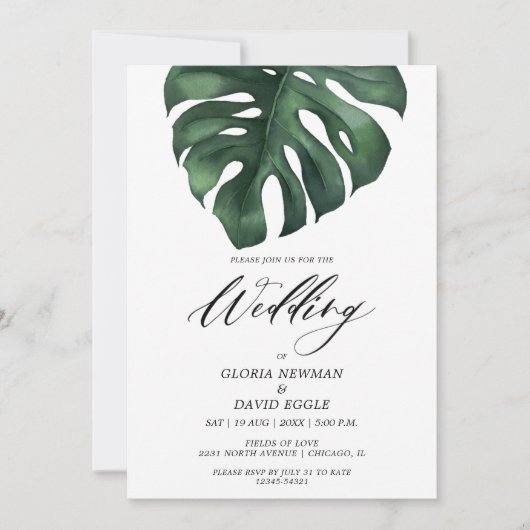 Tropical Palm Leaf Monstera Wedding Invitation Einladung (Vorderseite)