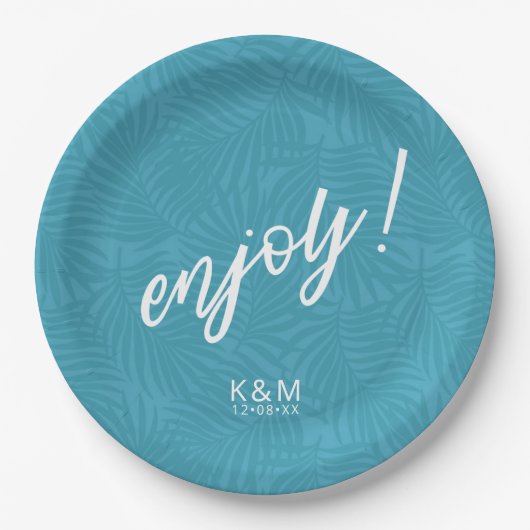 Tropical Palm Leaf Muster Aquamarin ID577 Papierpl Pappteller (Vorderseite)