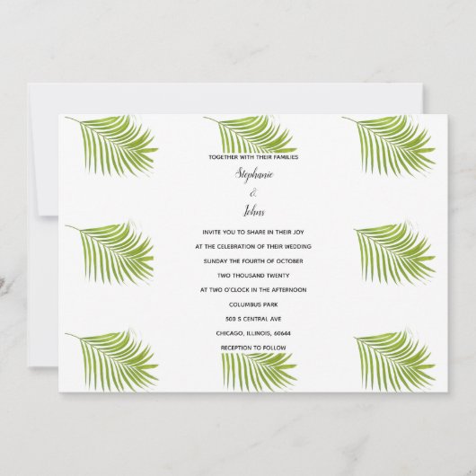Tropical Palm Leaf Muster Grün Weiße Hochzeit Einladung (Vorderseite)