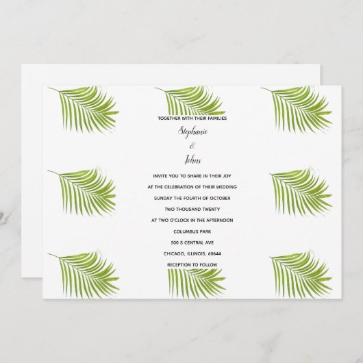 Tropical Palm Leaf Muster Grün Weiße Hochzeit Einladung (Vorne/Hinten)