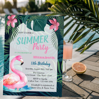 Tropical Palm Leaf, Pink Flamingos Geburtstag Einladung