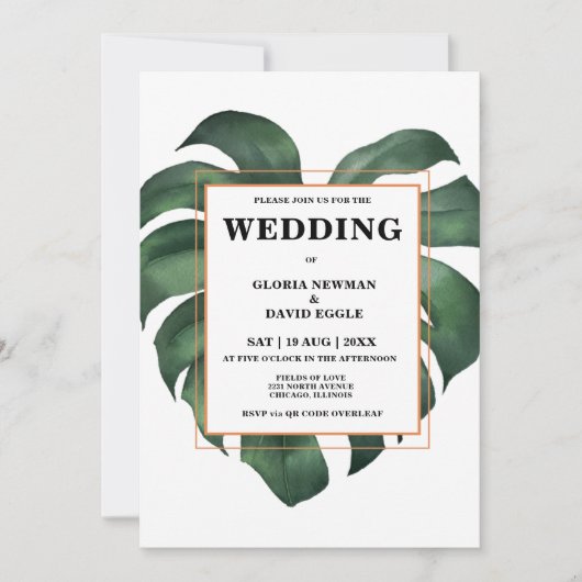Tropical Palm Leaf QR Code Einladung Hochzeit (Vorderseite)