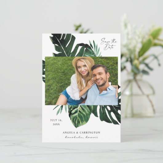 Tropical Palm Leaf Save the Date Foto (Stehend Vorderseite)