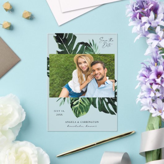 Tropical Palm Leaf Save the Date Foto Acryleinladungen (In Situ (Hochzeit))