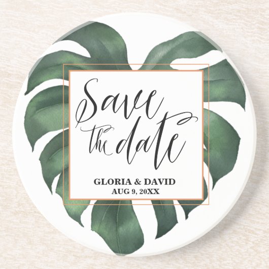 Tropical Palm Leaf Save the Date Sandstone Getränkeuntersetzer (Vorne)