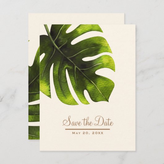 Tropical Palm Leaf Summer Elegante Save the Date Ankündigungspostkarte (Vorne/Hinten)