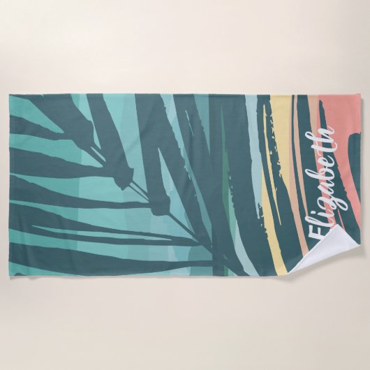 Tropical Palm Leaf Sunset Individuelle Name Strandtuch (Vorderseite)