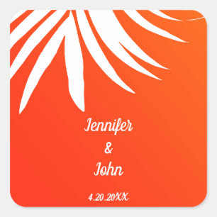 Tropical Palm Leaf Sunset Orange Beach Hochzeit Quadratischer Aufkleber