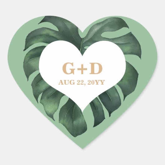 Tropical Palm Leaf Wedding Herz-Aufkleber (Vorderseite)