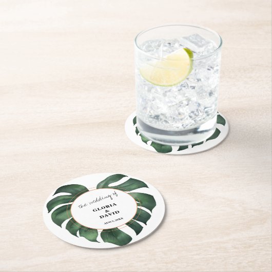 Tropical Palm Leaf Wedding Runder Pappuntersetzer (Vor Ort)