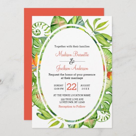 Tropical Palm Leaf Wreath Wedding Einladung (Vorne/Hinten)