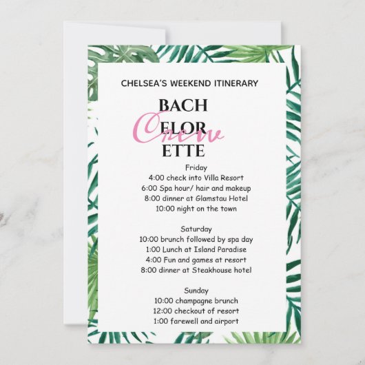 Tropical Palm Leafy Bachelorette Wochenende Einladung (Vorderseite)