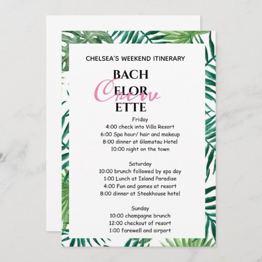 Tropical Palm Leafy Bachelorette Wochenende Einladung (Vorne/Hinten)