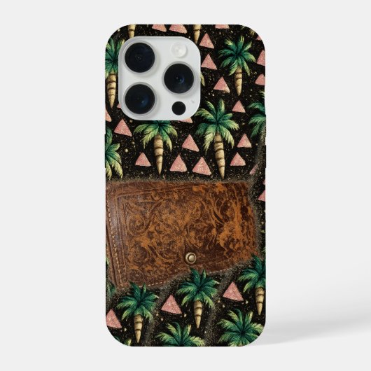  Tropical Palm & Leather Wallet Pattern iPhone 15  Hülle (Rückseite)