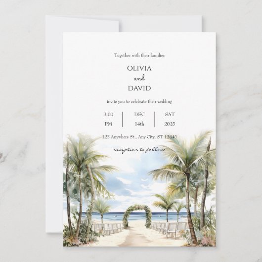 Tropical Palm Lined Beach Zeremonie Aisle Wedding Einladung (Vorderseite)