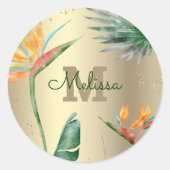Tropical Palm Modern Monogram Script Gold Foil Runder Aufkleber (Vorderseite)
