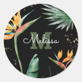 Tropical Palm Monogram Script Gold Glitzer Black Runder Aufkleber (Vorderseite)
