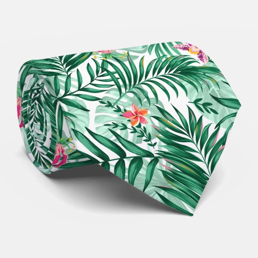 Tropical Palm & Monstera Blätter & exotische Blume Krawatte (Gerollt)
