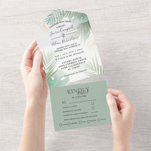 Tropical Palm Monstera Green Wedding All In One Einladung (Abreißen)