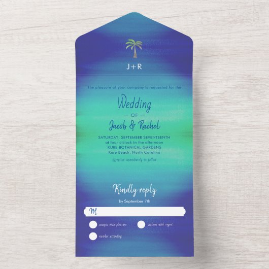 Tropical Palm Mute Blue Green Beach Hochzeit All In One Einladung (Innen Boden)